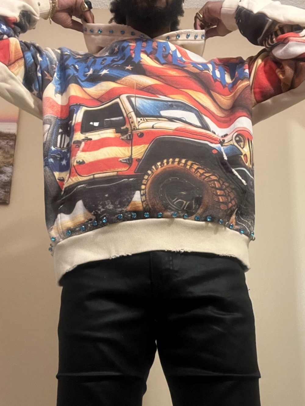 STRAY USA Flag Jeep Eagle Studded Graphic Cream Pullover Hoodie Men S
